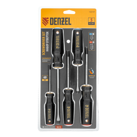 Набор отверток DENZEL 5 шт., PH+SL, S2, 3к рукоятка