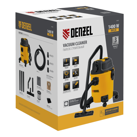 Пылесос строительный DENZEL RVC20, 1400 Вт, бак 20 л, шланг 3 м, розетка с автосинхр. Пылесос строительный DENZEL RVC20, 1400 Вт, бак 20 л, шланг 3 м, розетка с автосинхр.
