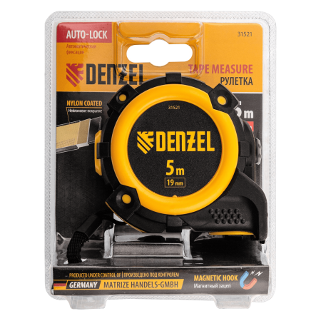 Рулетка DENZEL 31521 5м х 19мм, автоматич. фиксац., нейлон. покрытие, магнит. зацеп, двухстор. разметка