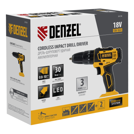 Дрель-шуруповерт аккумуляторная ударная DENZEL CID-18-0, Li-Ion, 18 В