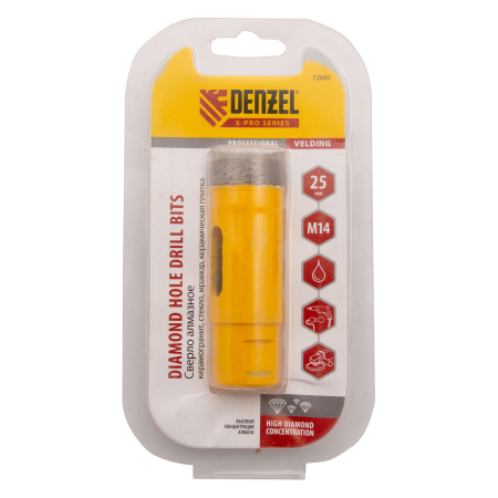 Сверло алмазное по керамограниту DENZEL 72681, 25 мм, М14, мокрая резка
