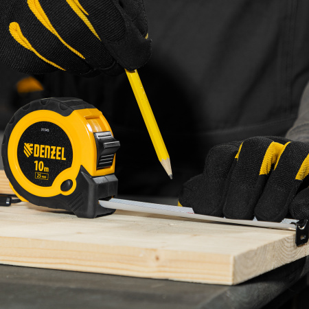 Рулетка DENZEL 10м х 25мм, двухкомп. корпус, кнопка-пауза