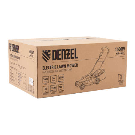 Газонокосилка электрическая DENZEL GM-1600, 1600 Вт, ширина 36 см, 3 уровня, 35 л