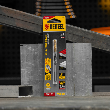 Сверло спиральное по металлу DENZEL 6 x 93 мм, Р6М5, Golden Tip, многогранная заточка