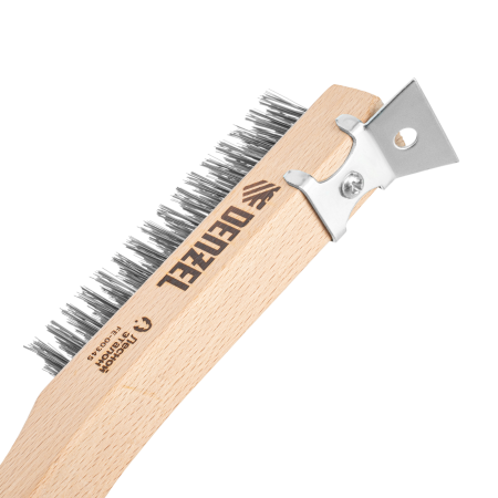 Щетка зачистная 4-х рядная DENZEL, проволока из нержавеющей стали с деревянной ручкой скребок, EFP