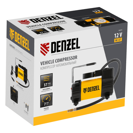 Автомобильный компрессор DENZEL AC-37, 12В, 7 атм, 37 л/мин, предохранитель Автомобильный компрессор DENZEL AC-37, 12В, 7 атм, 37 л/мин, предохранитель