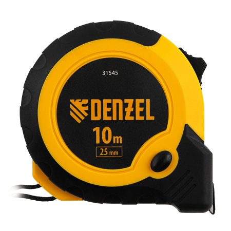 Рулетка DENZEL 10м х 25мм, двухкомп. корпус, кнопка-пауза