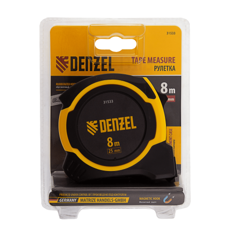 Рулетка DENZEL 8м х 25мм, двухкомп. корпус, магнитный обрезиненный зацеп