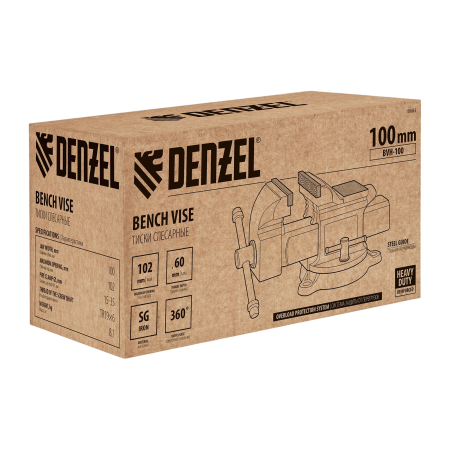 Тиски слесарные DENZEL BVH-100, 100 мм, поворотные, стальная направляющая, с наковальней