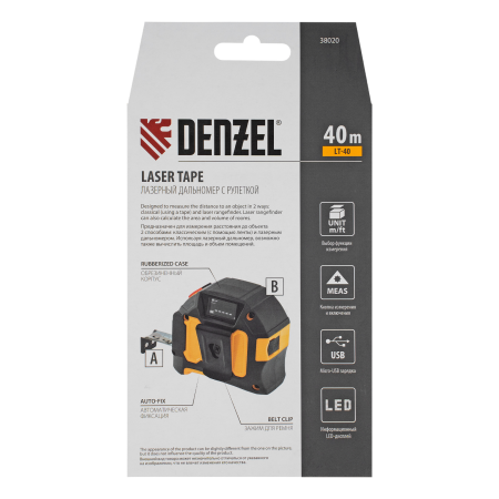 Лазерный дальномер с рулеткой LT-40 DENZEL 5м x 19 мм, дальномер 40м, автомат. фиксация