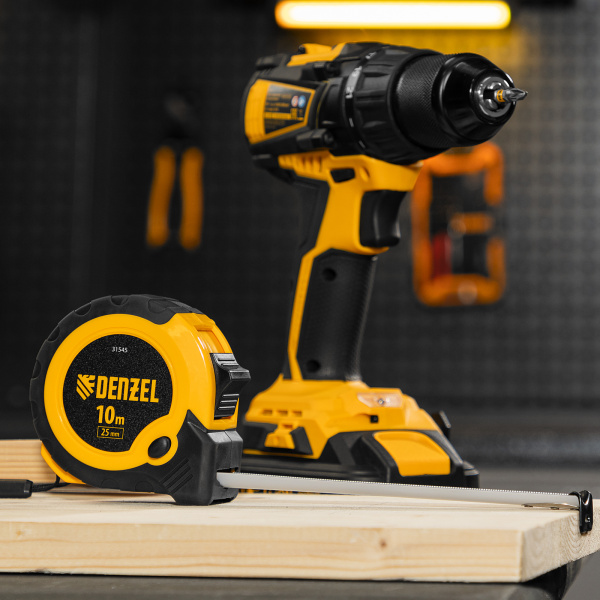 Рулетка DENZEL 10м х 25мм, двухкомп. корпус, кнопка-пауза