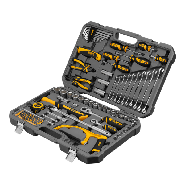 Набор инструментов DENZEL 1/2", 1/4", CrV, S2, пластиковый кейс, 100 предметов