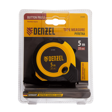 Рулетка DENZEL 5м х 25мм, двухкомп. корпус, кнопка-пауза