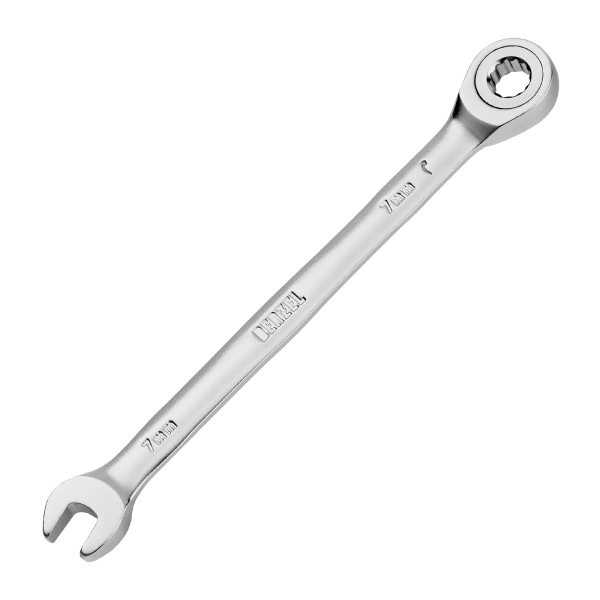 Ключ комбинированный трещоточный DENZEL, 7 мм, CrV, матовый хром