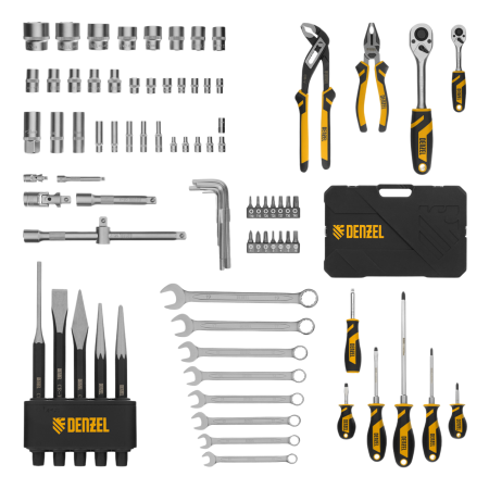 Набор инструментов DENZEL 1/2", 1/4", CrV, S2, пластиковый кейс, 84 предмета
