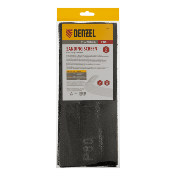 Сетка абразивная DENZEL 75169, P80, 115 x 280 мм, 5 шт.