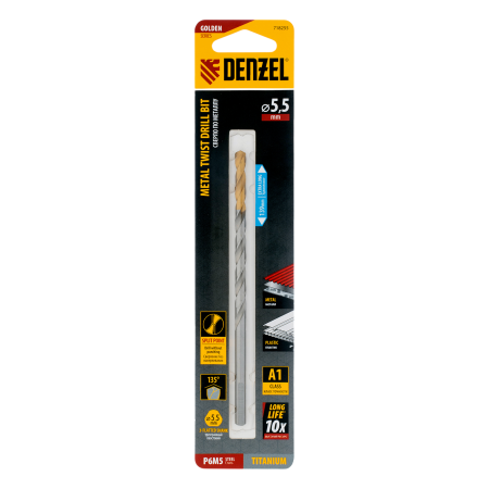 Сверло спиральное по металлу DENZEL 5,5 х 139 мм, Р6М5, Golden Tip, удлиненное