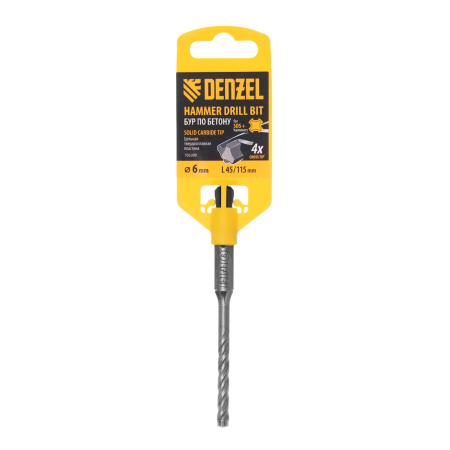 Бур по бетону DENZEL, цельная крестовая пластина, 6x115 мм, SDS PLUS