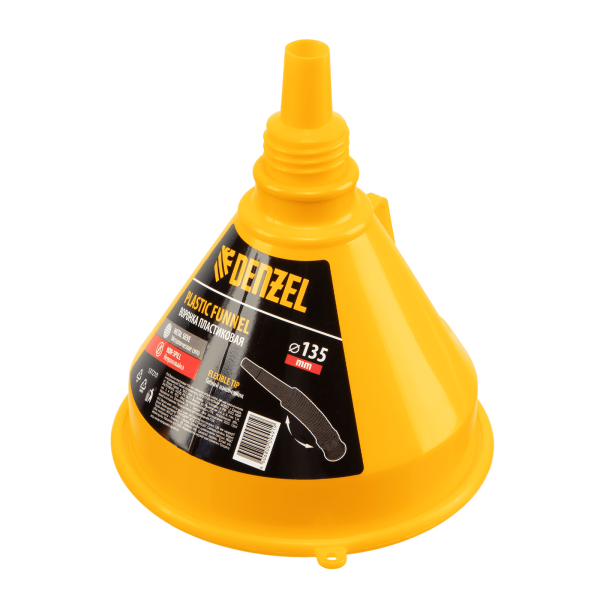 Воронка пластиковая DENZEL 135 мм с металлическим ситом, гибким наконечником и непроливайкой