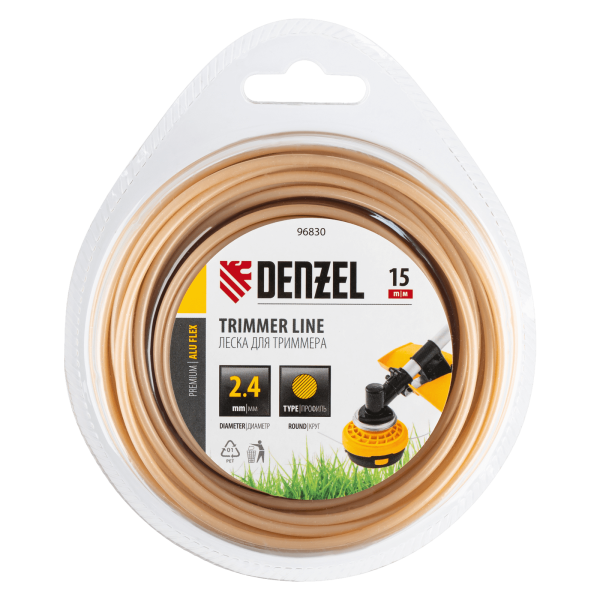 Леска для триммера DENZEL армированная алюминием круглая, 2,4мм х 15м, блистер ALUFLEX