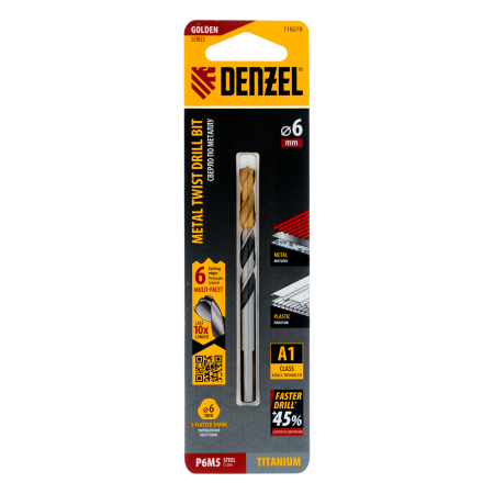 Сверло спиральное по металлу DENZEL 6 x 93 мм, Р6М5, Golden Tip, многогранная заточка