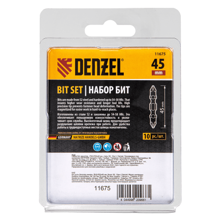 Бита DENZEL двухсторонняя, PH2-PZ2 х 45 мм, сталь S2, 10 шт.