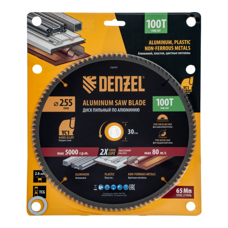 Пильный диск по алюминию DENZEL ф255 х 30 мм, 100 зубьев