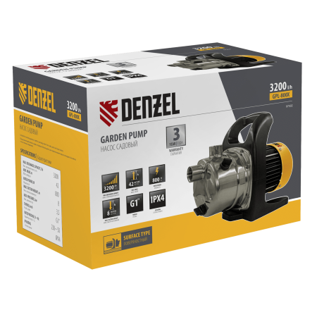 Садовый поверхностный насос DENZEL GPL800Х, 800 Вт, 3200 л/ч, подъем 42 м, нержавейка