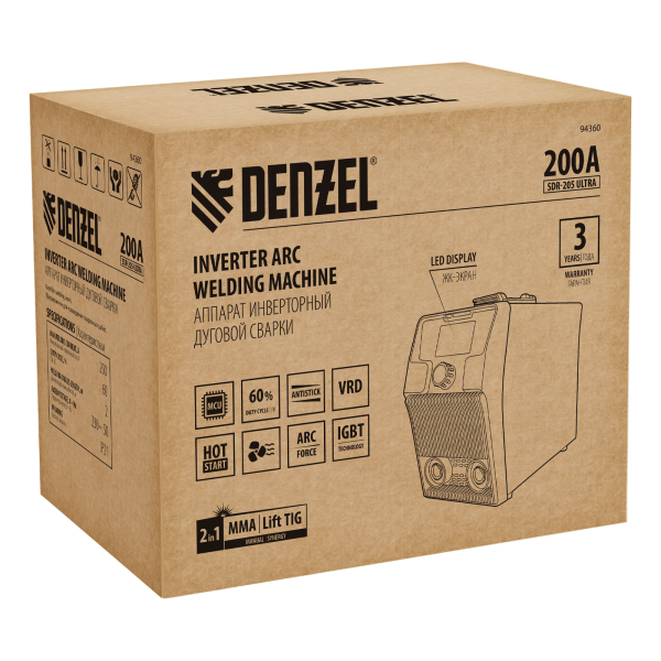 Аппарат инвертор DENZEL. дуговой сварки SDR-205 Ultra, 200 А, ПВ 60%