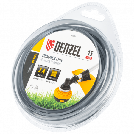 Леска для триммера DENZEL армированная алюминием квадратная, 2,4мм х 15м, блистер ALUFLEX