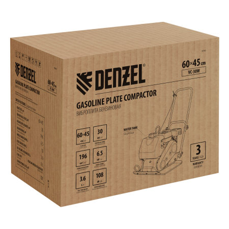 Виброплита бензиновая DENZEL VC-30W, 30 кН, 60*45 см, 196 см3, бак для воды Виброплита бензиновая DENZEL VC-30W, 30 кН, 60*45 см, 196 см3, бак для воды