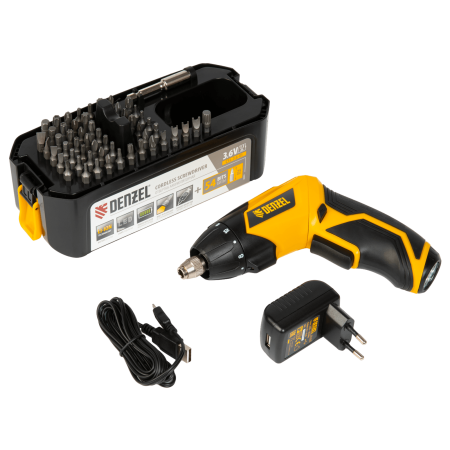 Отвертка DENZEL CSL-3.6-01, с аккумулятором 3.6 В Li-Ion, 1.3 Ач, 200 об/мин, с аксессуарами Отвертка DENZEL CSL-3.6-01, с аккумулятором 3.6 В Li-Ion, 1.3 Ач, 200 об/мин, с аксессуарами