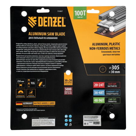 Пильный диск по алюминию DENZEL ф305 х 30 мм, 100 зубьев