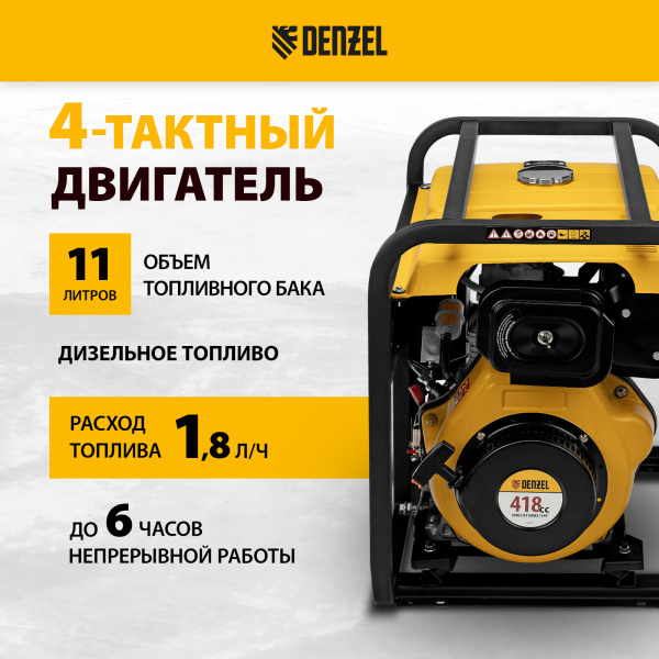 Генератор дизельный DENZEL DES-55E, 5,5 кВт, 230 В, 11 л, электростартер