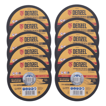 Круг отрезной по металлу DENZEL 125 х 1,0 х 22,2 мм, WA60TBF, в метал.банке, 10 шт.