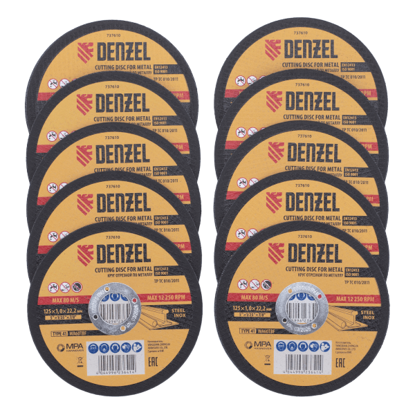 Круг отрезной по металлу DENZEL 125 х 1,0 х 22,2 мм, WA60TBF, в метал.банке, 10 шт.