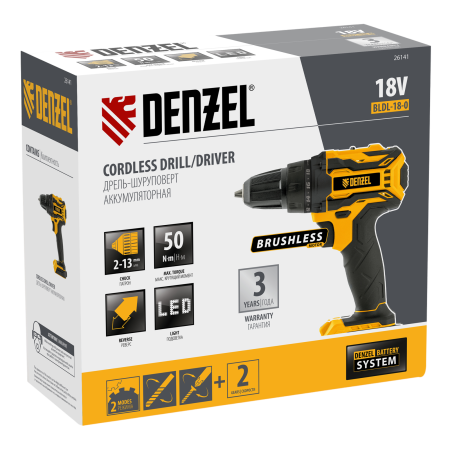 Дрель-шуруповерт аккумуляторная, бесщет. DENZEL BLDL-18-0 Li-Ion, 18 В