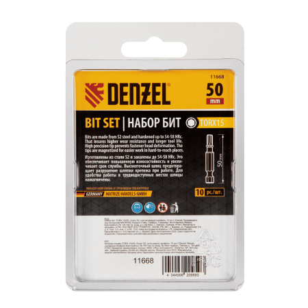 Бита DENZEL TX 15х50, сталь S2, шестигранный профиль, 10 шт. Е 6,3