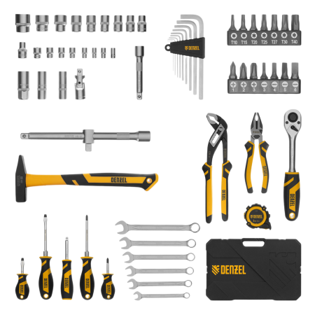 Набор инструментов DENZEL 1/2", 1/4", CrV, S2, пластиковый кейс, 64 предмета