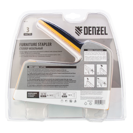 Мебельный степлер DENZEL 40210, пластиковый корпус, тип скобы: 13, 53, 300, 6-14 мм