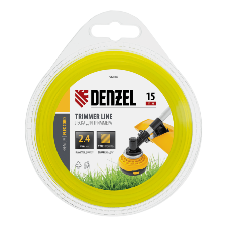Леска для триммера DENZEL Flex Сord 96116, 2.4 мм x 15 м, квадратная, блистер