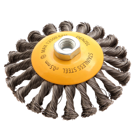 Щетка для УШМ DENZEL 746113, 125 мм, «тарелка», крученая нержавеющая проволока 0.5 мм, М14