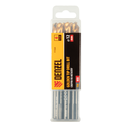 Сверло по металлу DENZEL 12 мм, HSS-Tin, Golden Tip, 6 шт.