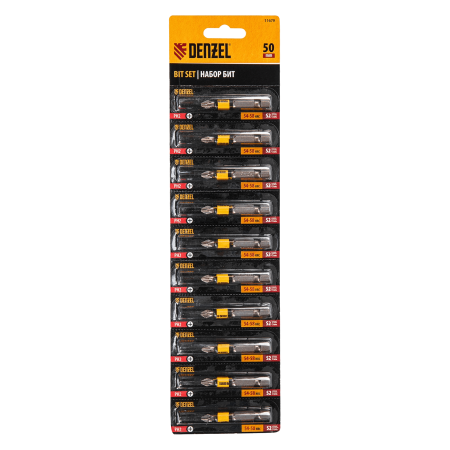 Бита DENZEL PH2х50, сталь S2, 10 шт., круглый профиль, отрывная упаковка, Е 6,3