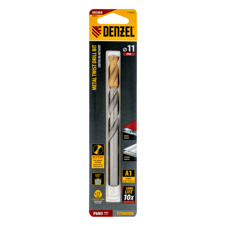 Сверло спиральное по металлу DENZEL 11 x 142 мм, Р6М5, Golden Tip 
