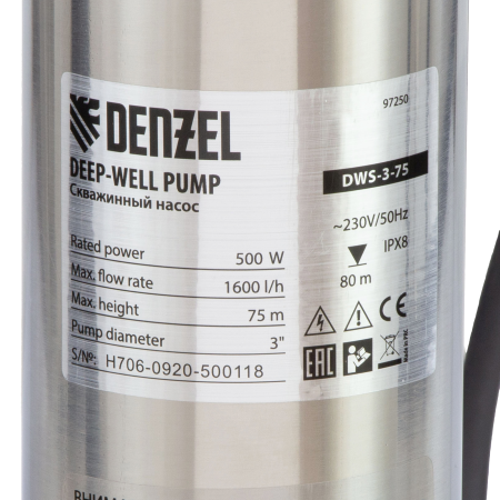 Скважинный насос DENZEL DWS-3-75, 500 Вт, 1600 л/ч, напор 75 м, винтовой, диаметр 3
