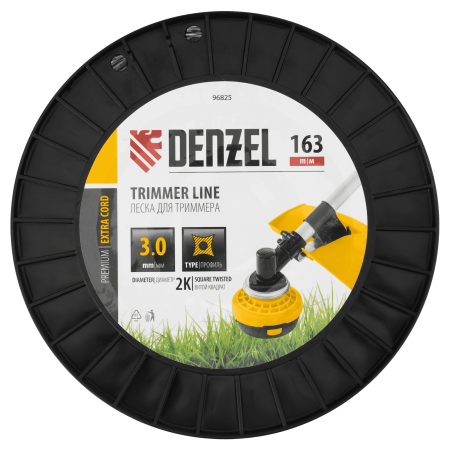 Леска для триммера DENZEL двухкомпонентная витой квадрат, 3,0мм х 163м, на DIN катушке EXTRA CORD
