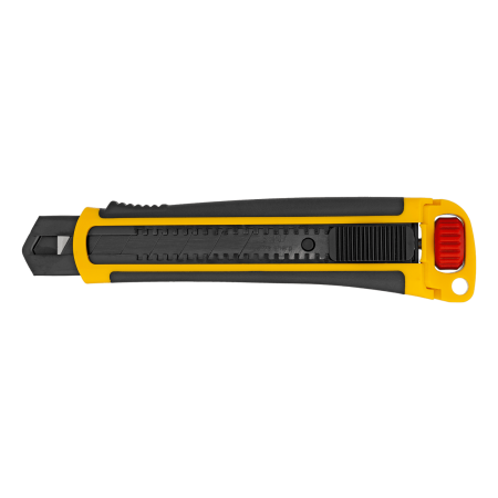 Нож DENZEL 25 мм, сменное лезвие, SK4, корпус из ABS + TPR, торцевой зажим