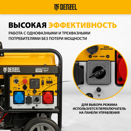 Генератор бензиновый DENZEL PS-120EAD-3, 12 кВт,230/400 В, 40л, разъем ATS,перекл.режима,эл.старт