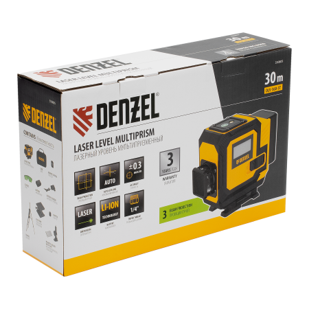Лазерный уровень мультипризменный DENZEL DLV-360-3T, 30 м, зеленый луч, Li-Ion 2,4 Aч, штатив